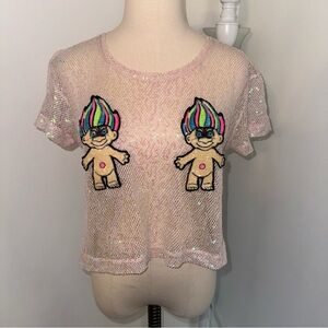 Good Luck Trolls Women’s Small Pink Sparkly Sheer Iridescent Knitted Crop Top